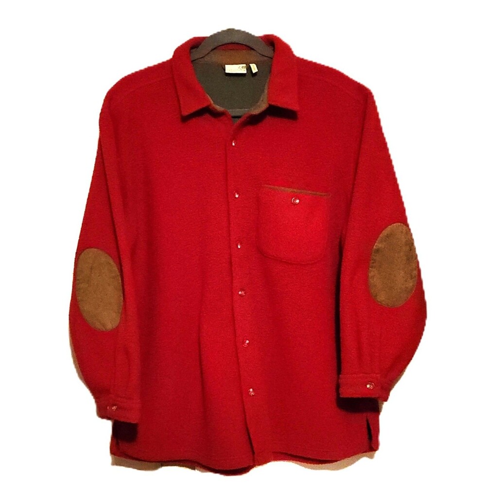 Sahalie Heavy Fleece Button Up Jacket Red w/ Tan Trim Elbow Patches Mens XXL